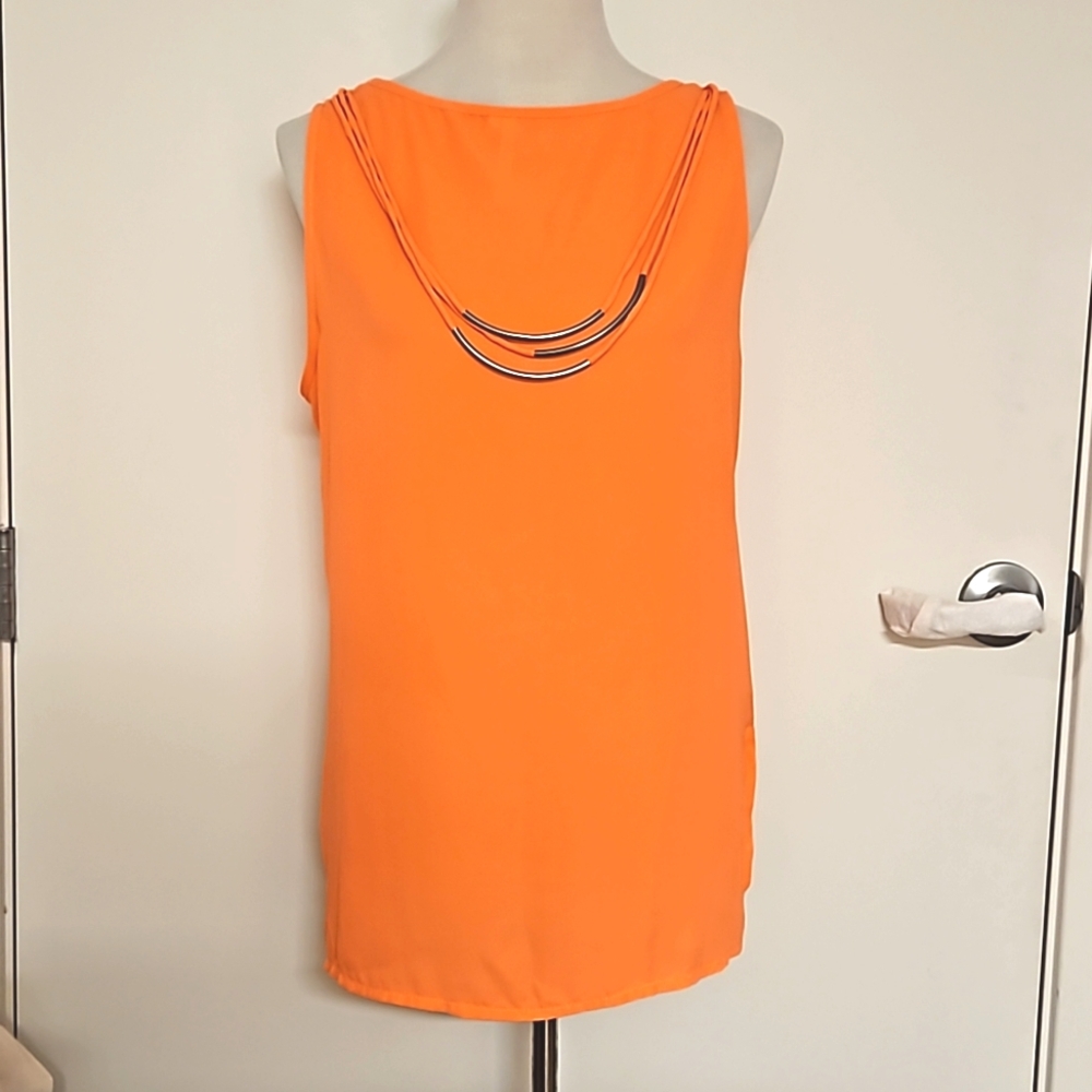 LOVE sleeveless neon orange tank top hi-lo side slits goldtone neck detail Lrg.